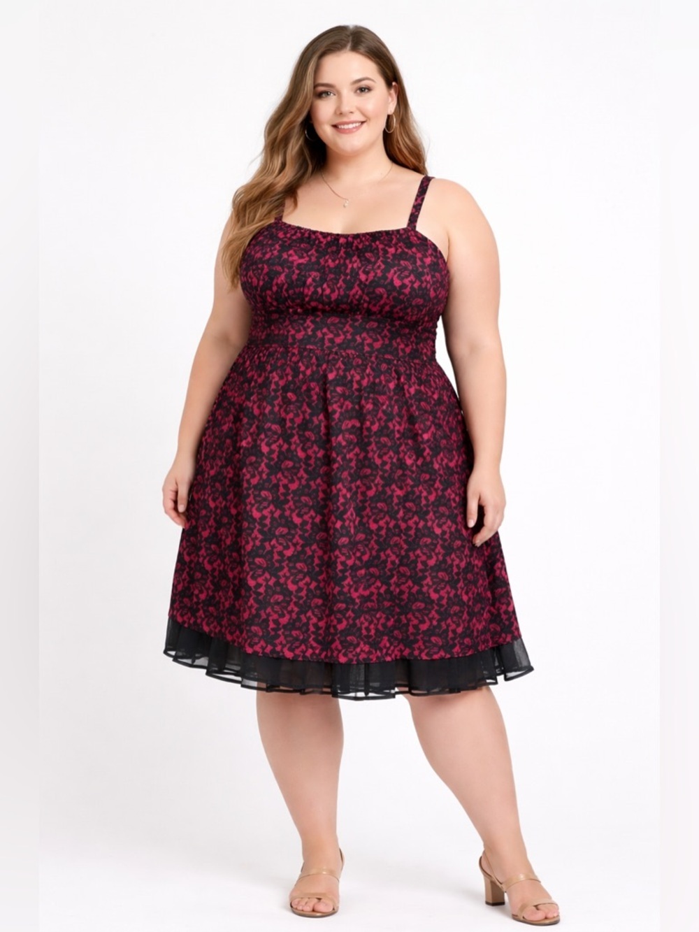 Fashion Bug Black lace print Dress dark pink base babydoll bust tulle slip 20w